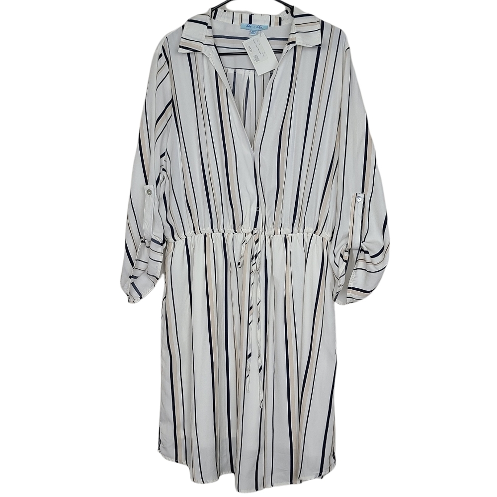 She + Sky White and Black Striped Midi Dress